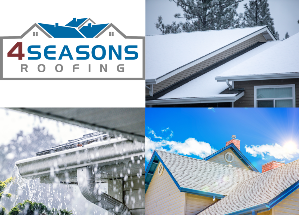 the best time of year to replace or repair a roof is depicted by multiple roofs in various weather conditions along with the logo for 4 seasons roofing